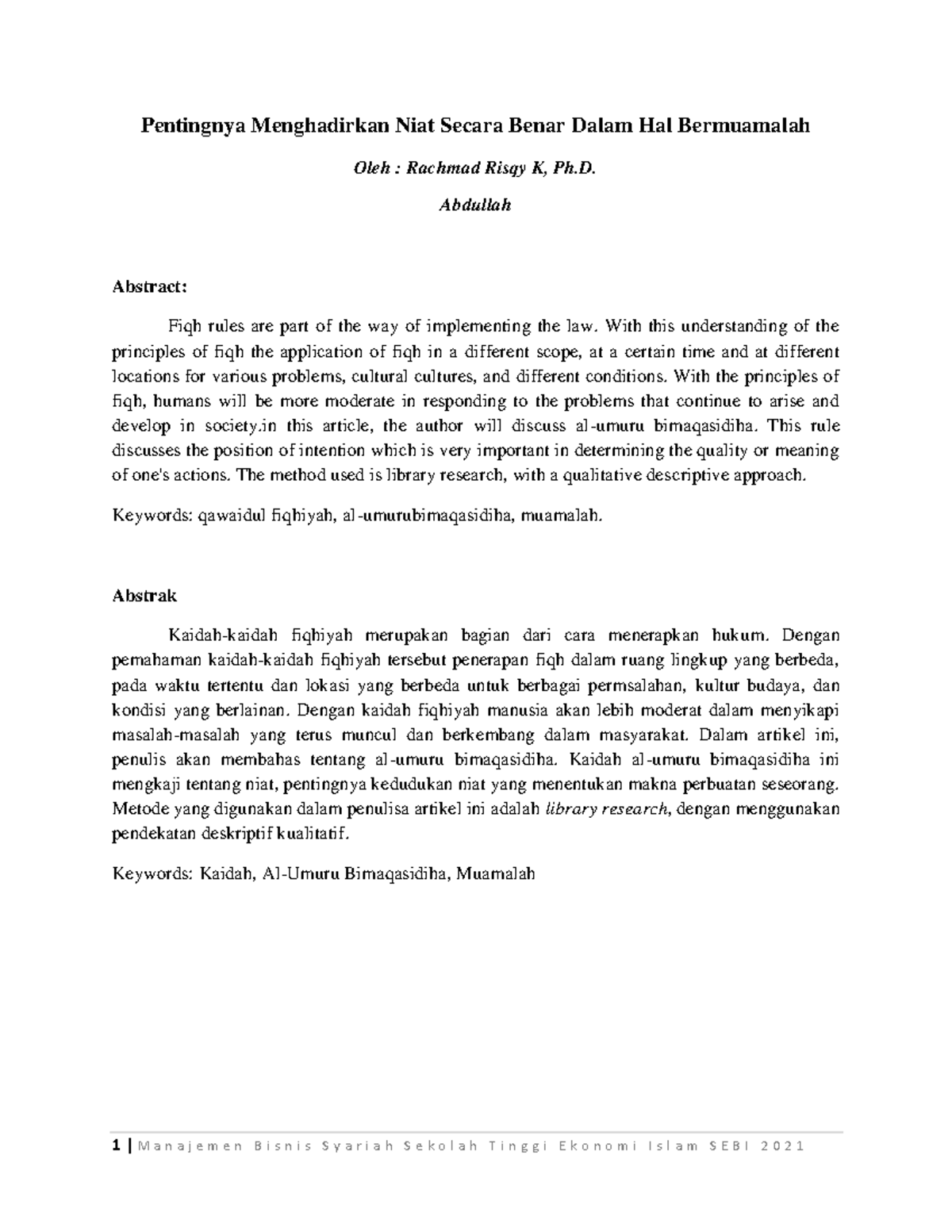 Abdullah paper qowaid (1) - Pentingnya Menghadirkan Niat Secara Benar ...