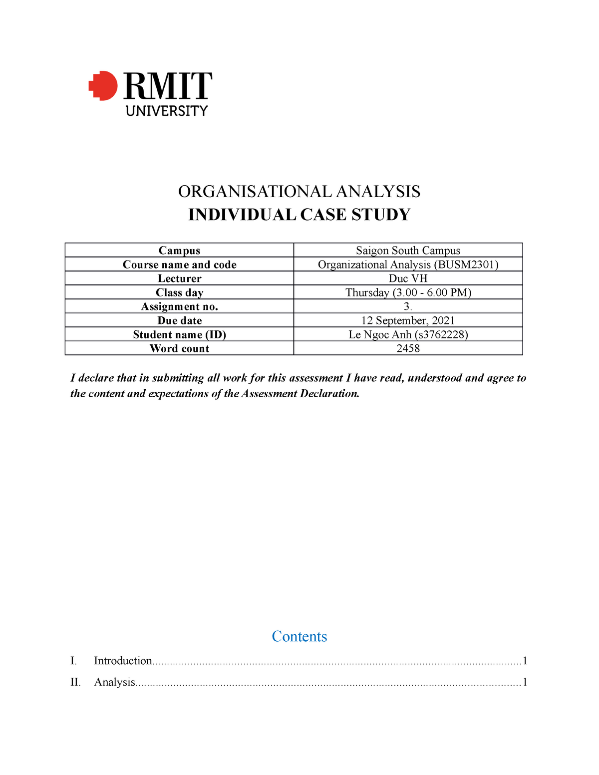 organisational analysis rmit assignment 2