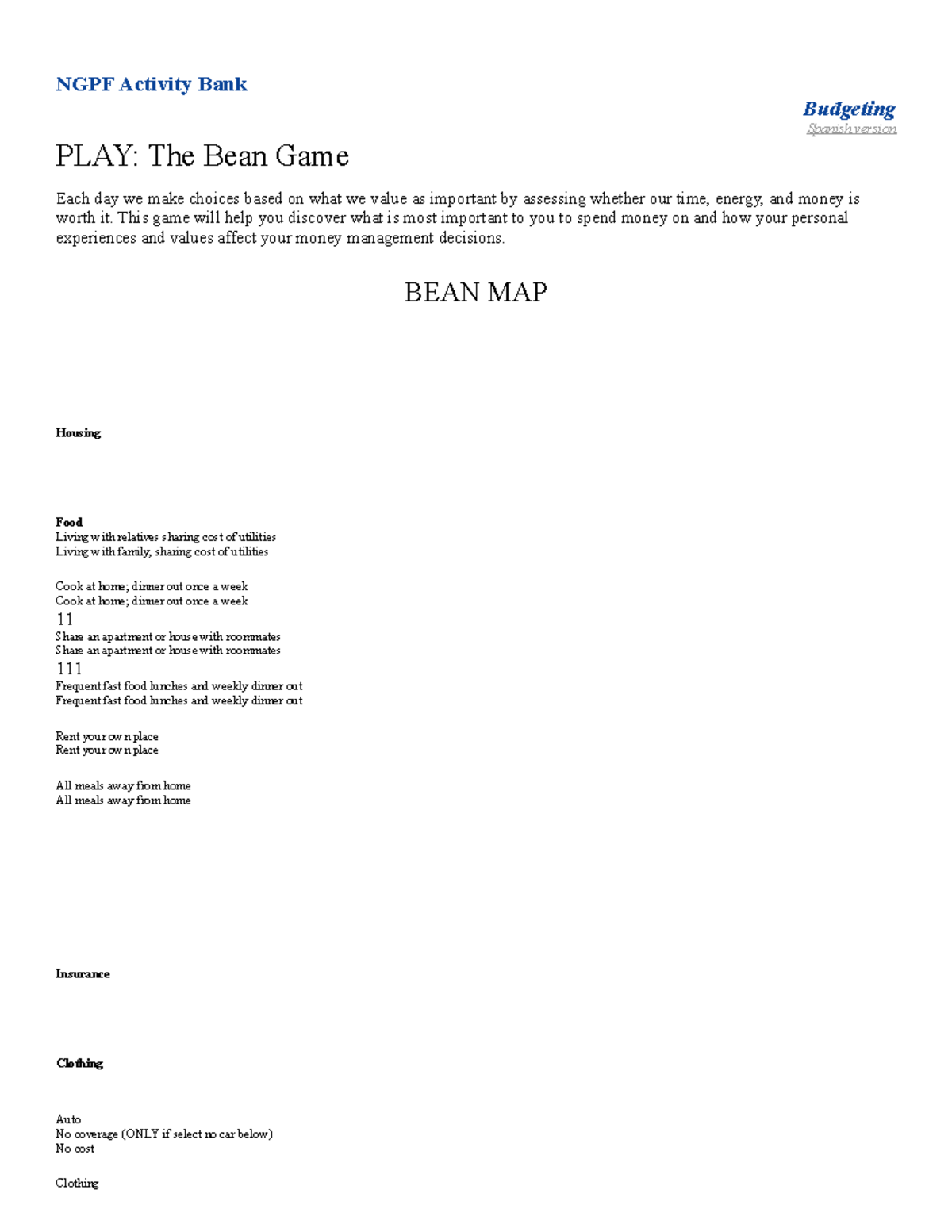 PLAY The Bean Game Worksheet NGPF Activity Bank Budgeting Spanish