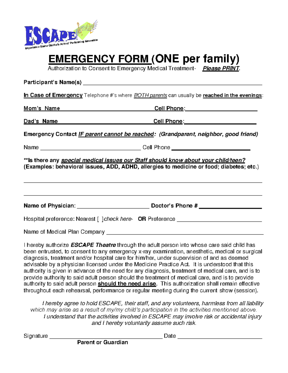 Emergency Form-Wizard 23 - Complete and return - EMERGENCY FORM (ONE ...