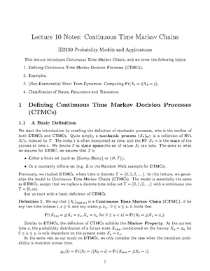 L11 notes - Lecture 11 Notes: Continuous Time Markov Chains IE2100 ...
