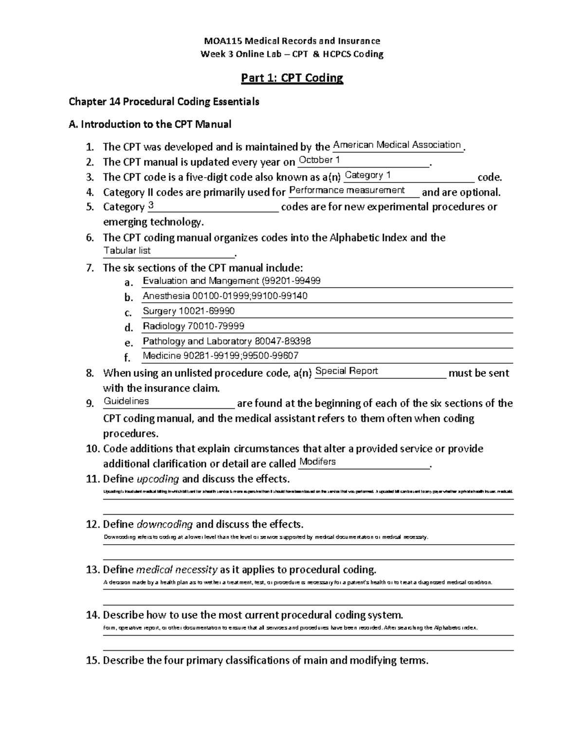 Week 3 Online Lab - doc - MOA115 Medical Records and Insurance Week 3 ...