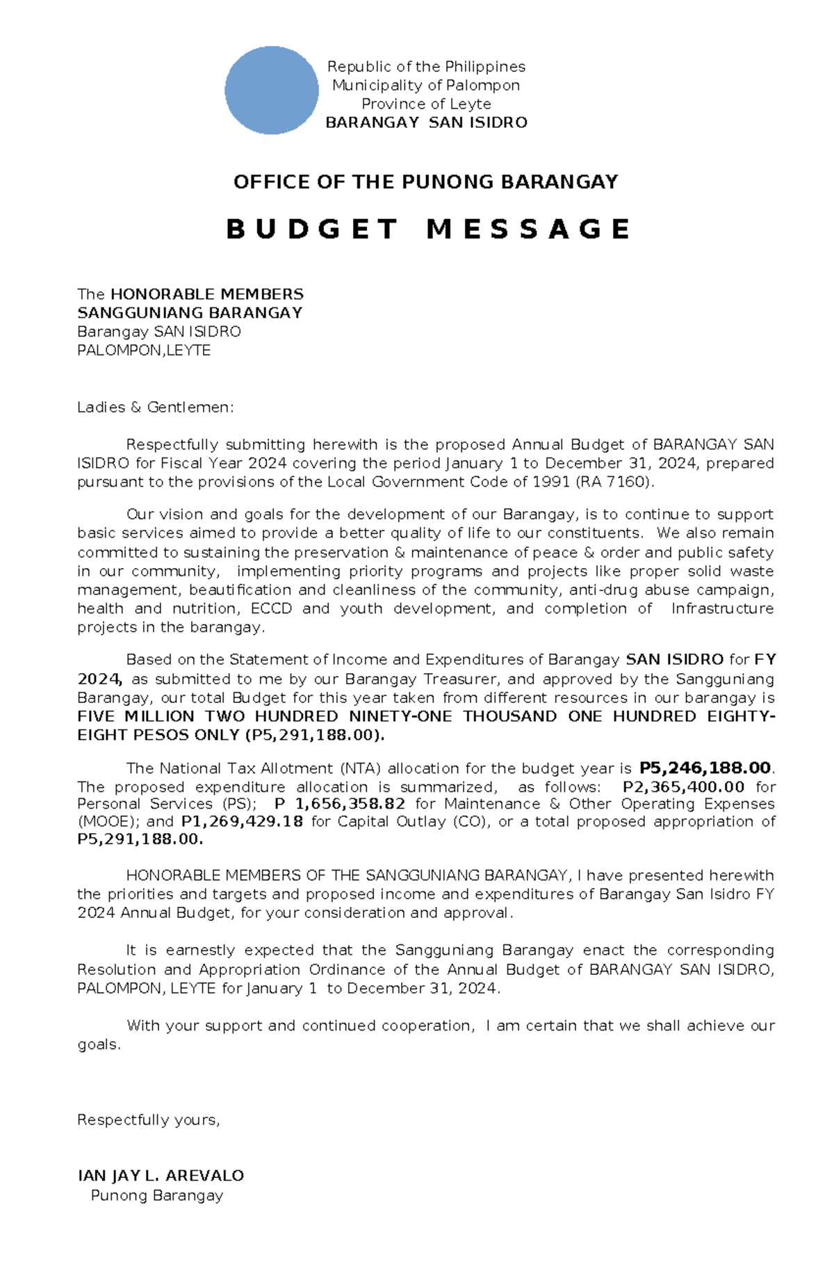 BudgetMessage Republic of the Philippines Municipality of Palompon