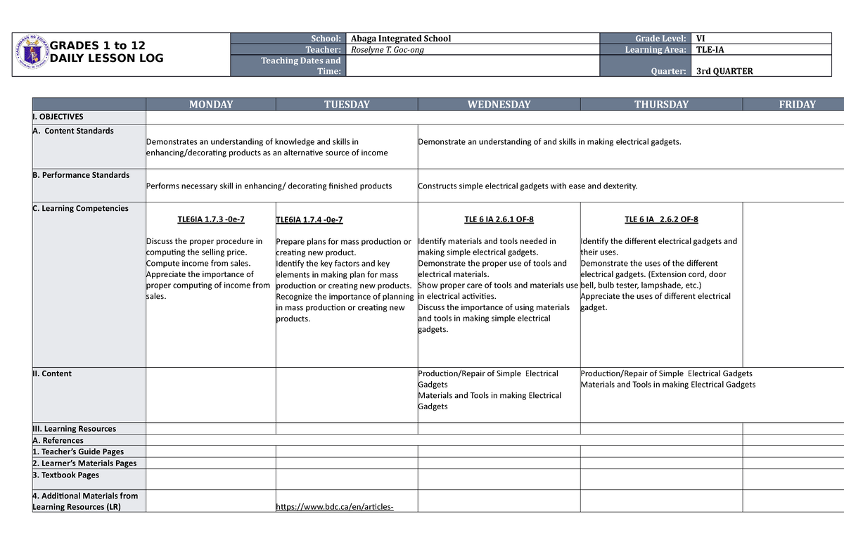 DLL TLE 6 Q4 W5 - NONE - GRADES 1 to 12 DAILY LESSON LOG School: Abaga ...