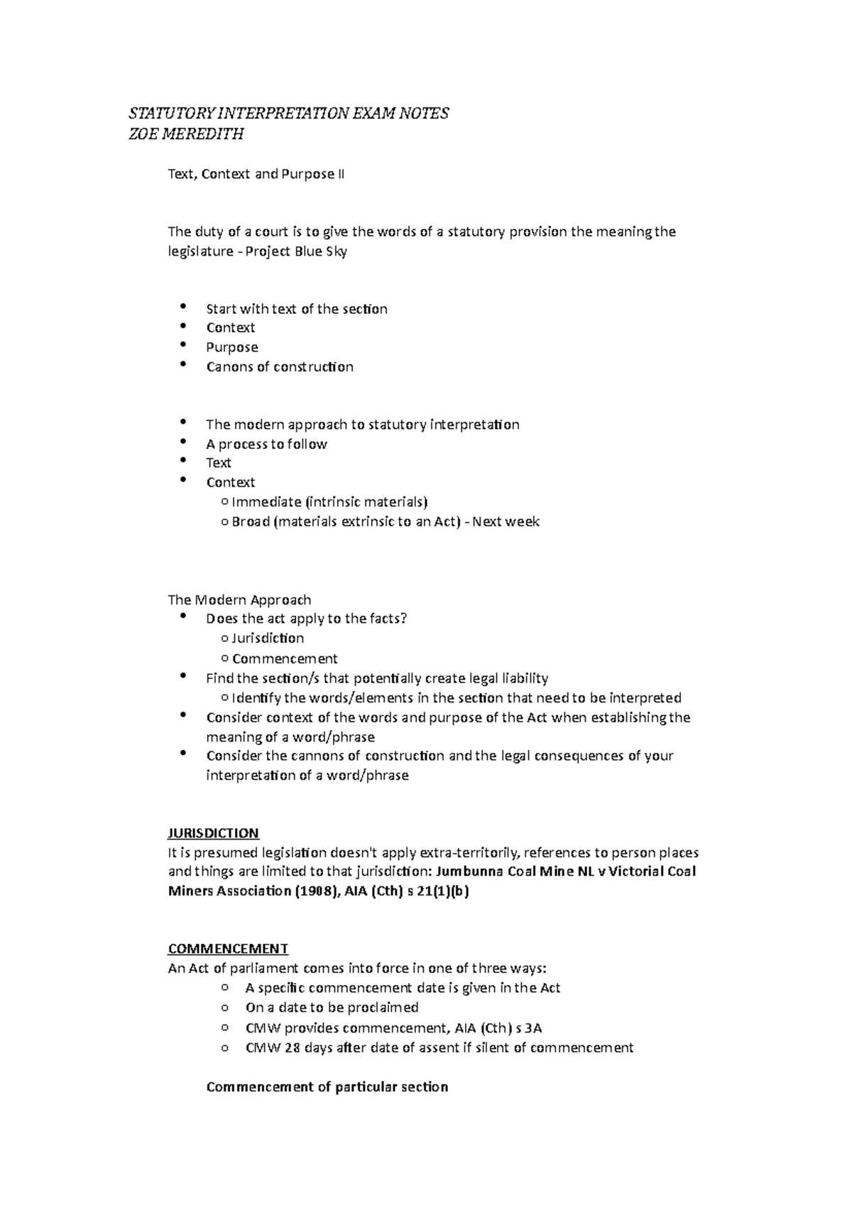 Statutory Interpretation Exam Notes Statutory Interpretation Exam Statutory Interpretation Exam Notes Statutory Interpretation Exam