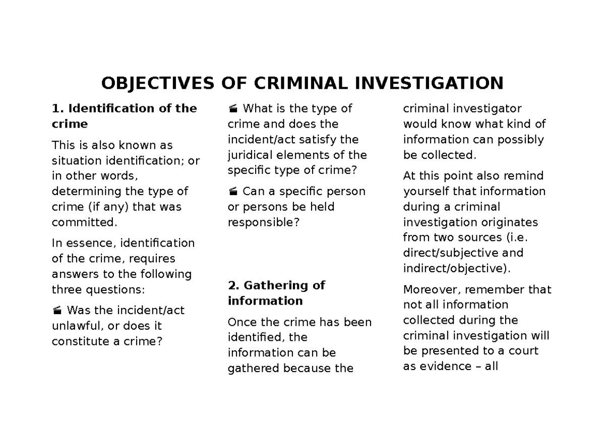 KRM 210 Sec A Objectives - OBJECTIVES OF CRIMINAL INVESTIGATION ...