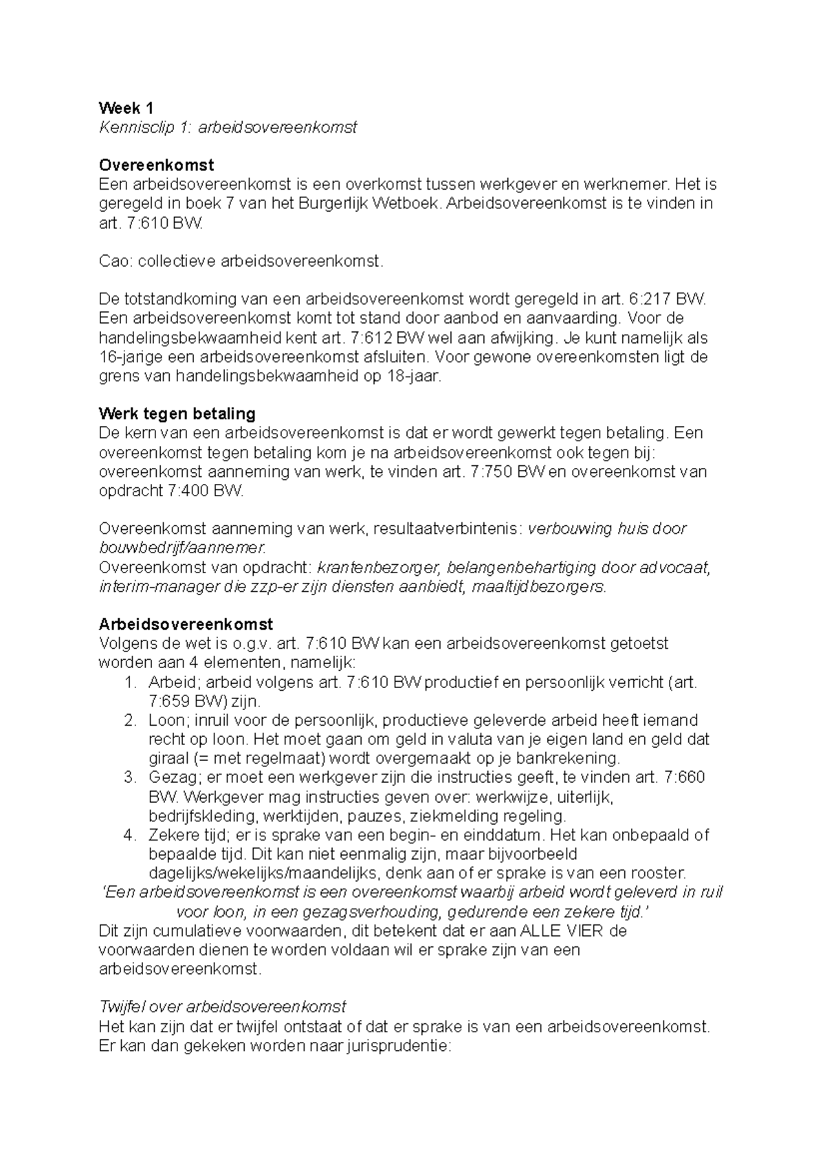 Samenvatting Arbeidsrecht JHS Propedeuse Jaar - Week 1 Kennisclip 1 ...