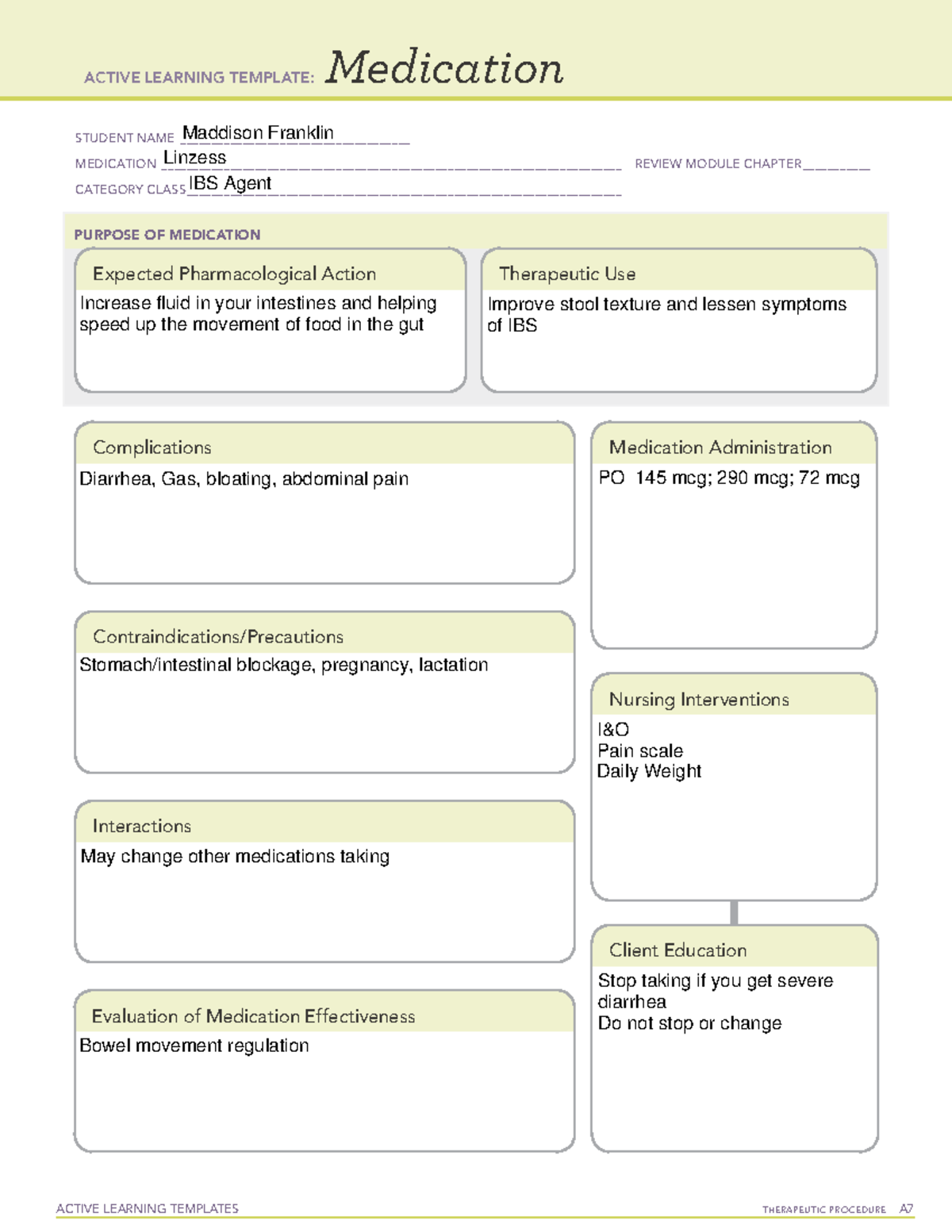 Linzess Drug card ACTIVE LEARNING TEMPLATES THERAPEUTIC PROCEDURE A