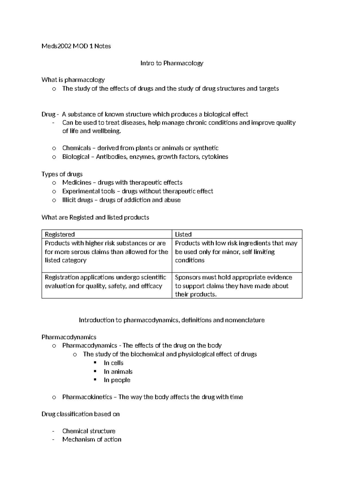 Meds2002 MOD 1 Notes - Meds2002 MOD 1 Notes Intro to Pharmacology What ...