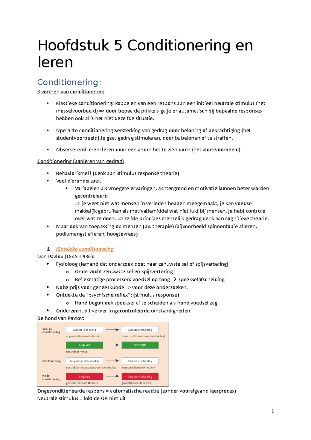 Les 5 - Conditionering - samenvatting les - Hoofdstuk 5 Conditionering ...