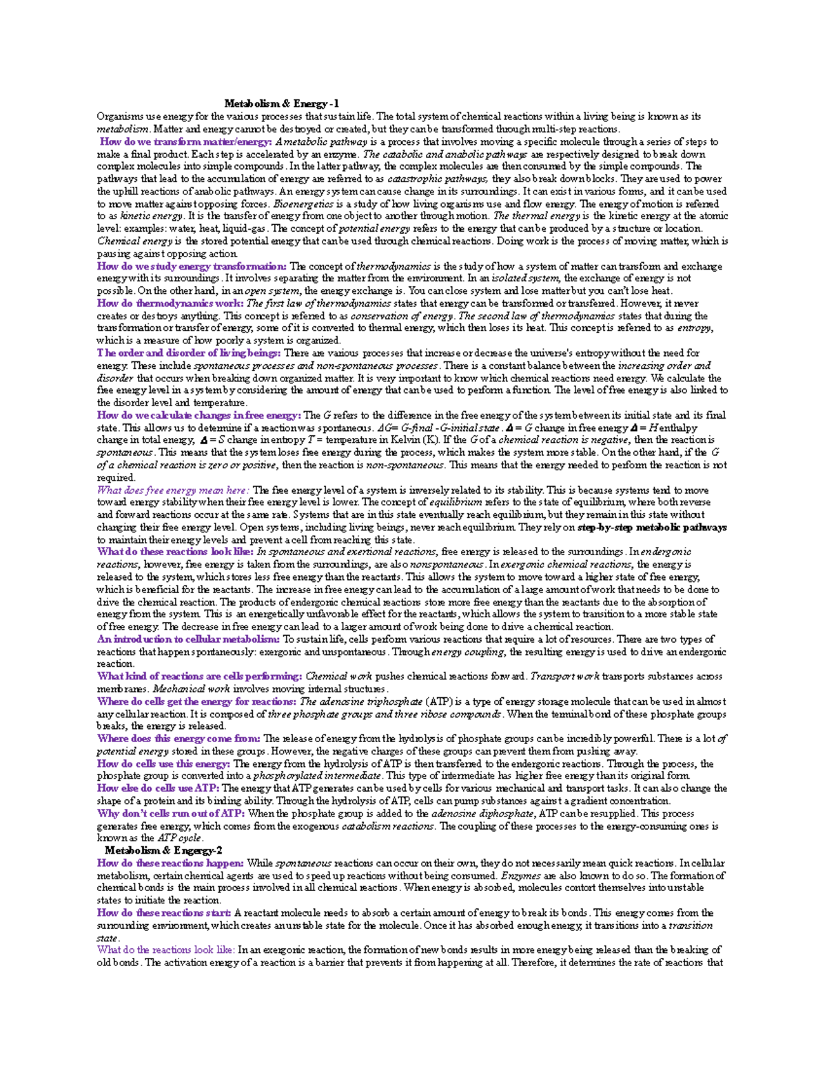 Bio Chapter 8 notes - Metabolism & Energy - Organisms use energy for ...