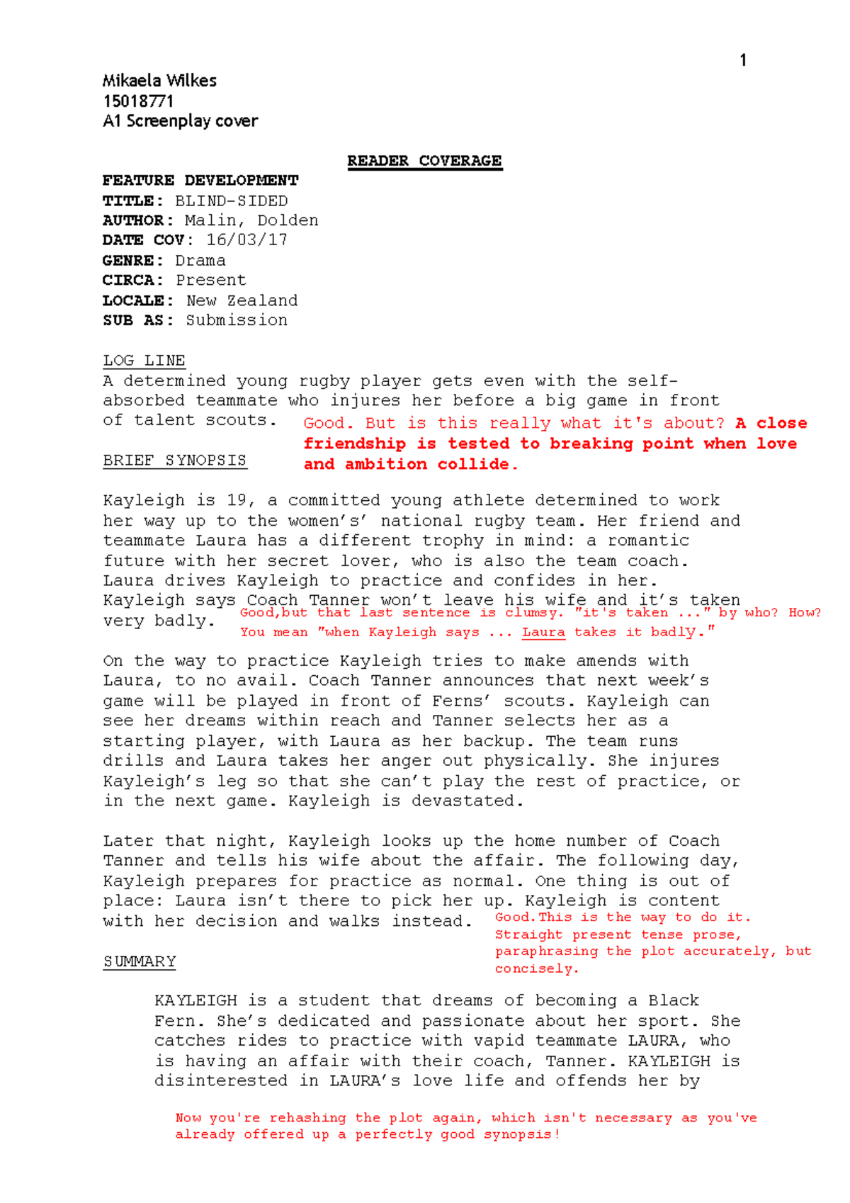 Script Coverage A1 Feedback 1 Mikaela Wilkes 15018771 A1 Screenplay