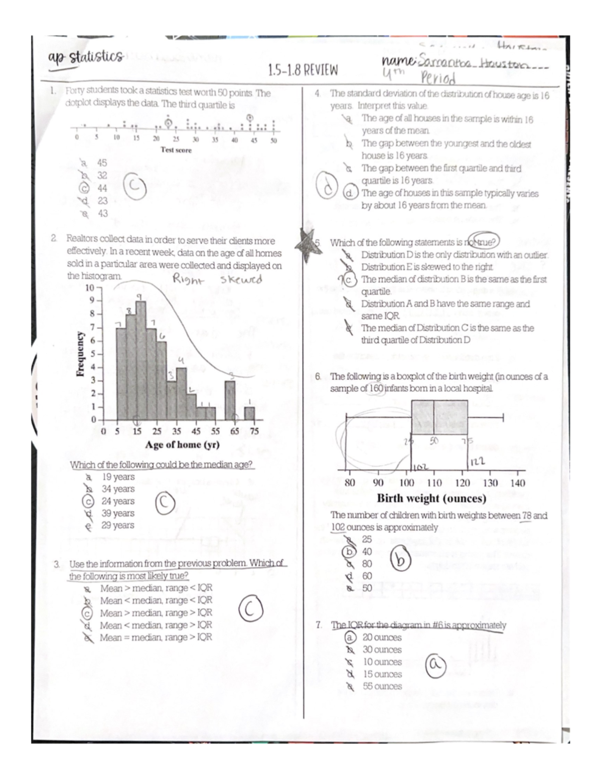 Review For 1 - Stats - ap statistics name Samantba Houston REVIEW 4th ...