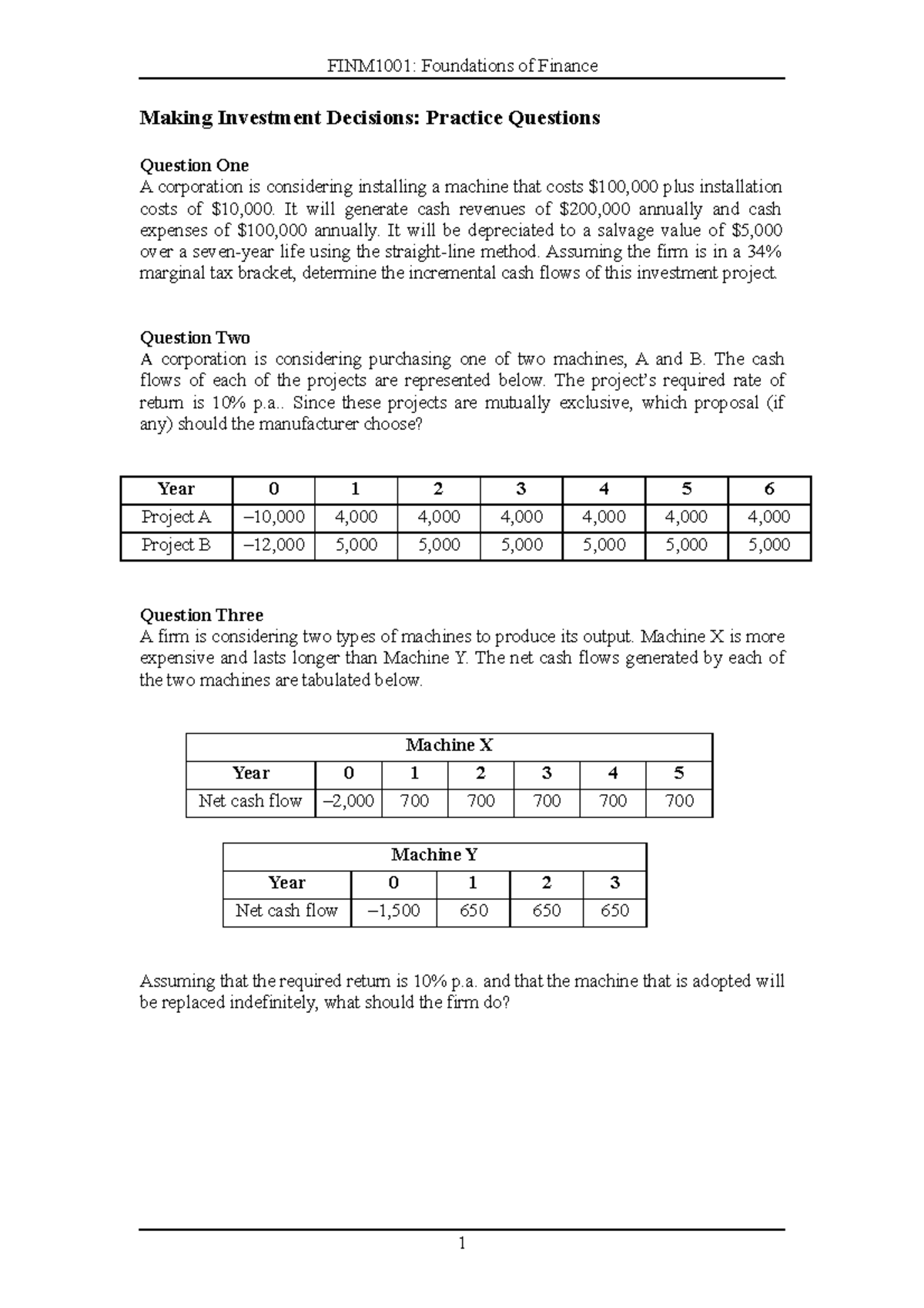 4) Making Investment Decisions Practice Questions - FINM1001 ...