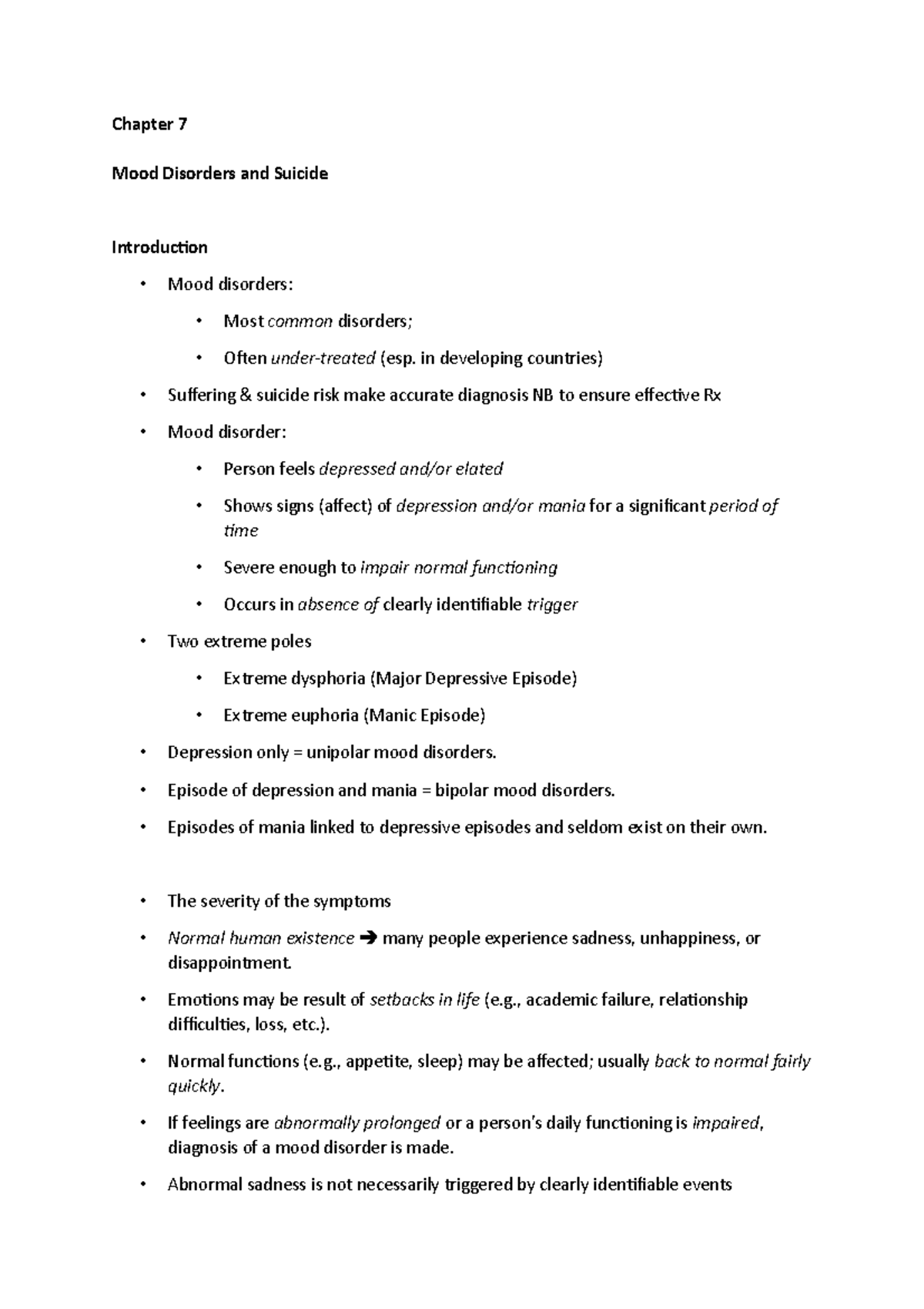 Chapter 7 - Lecture and class notes - Chapter 7 Mood Disorders and ...