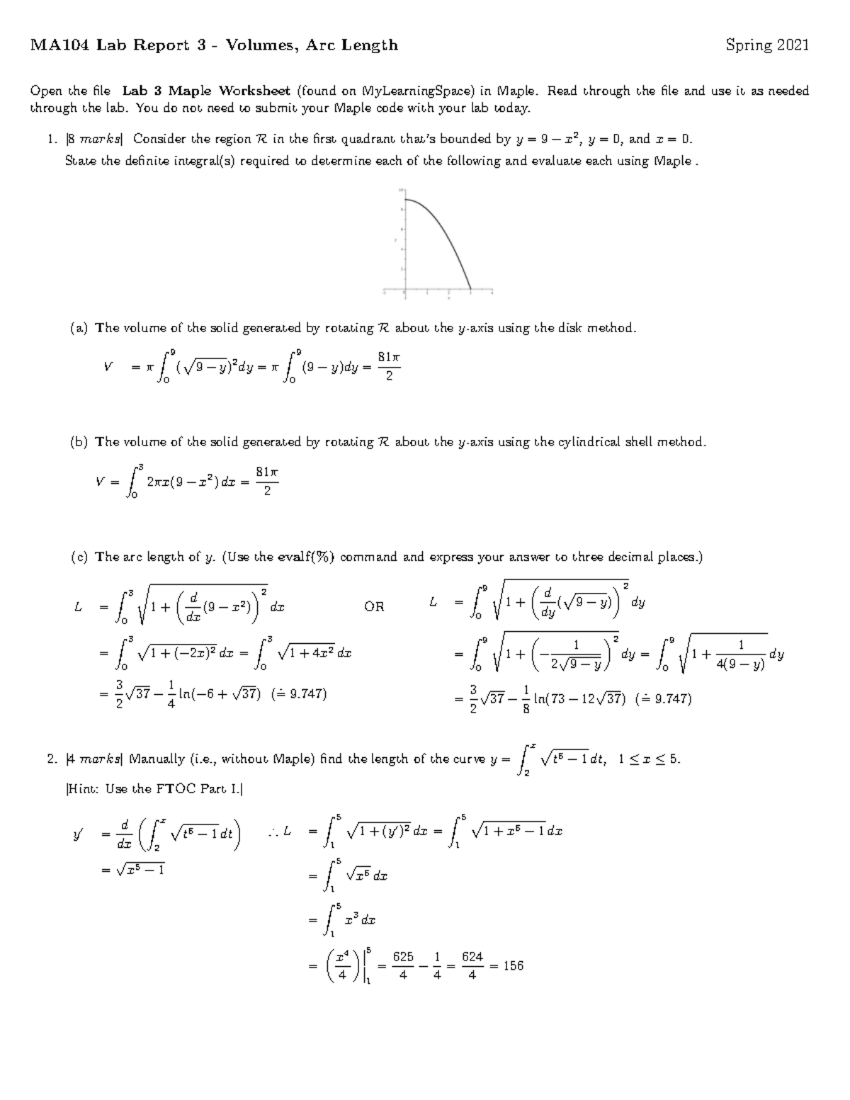 MA 104 LAB 3 Spring 2021 ANS - MA104 Lab Report 3 - Volumes, Arc Length ...