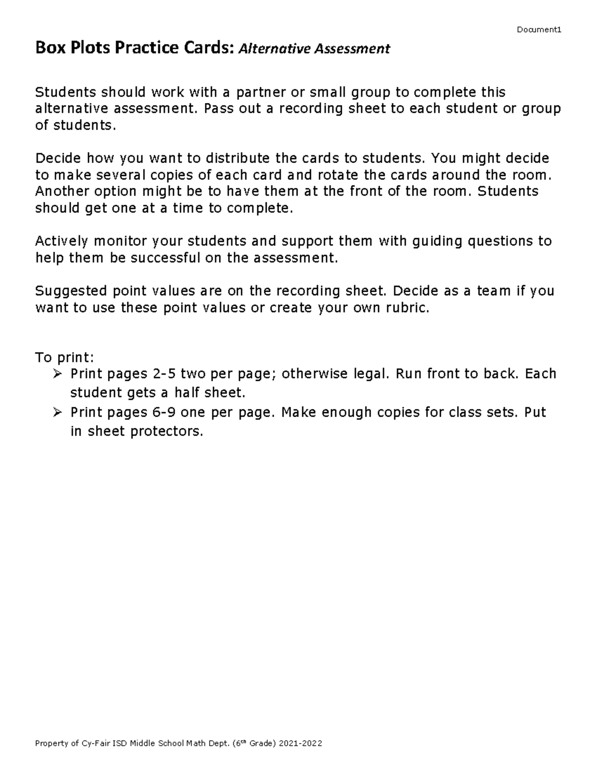 Box Plots 2020/2021 - Box Plots Practice Cards: Alternative Assessment ...