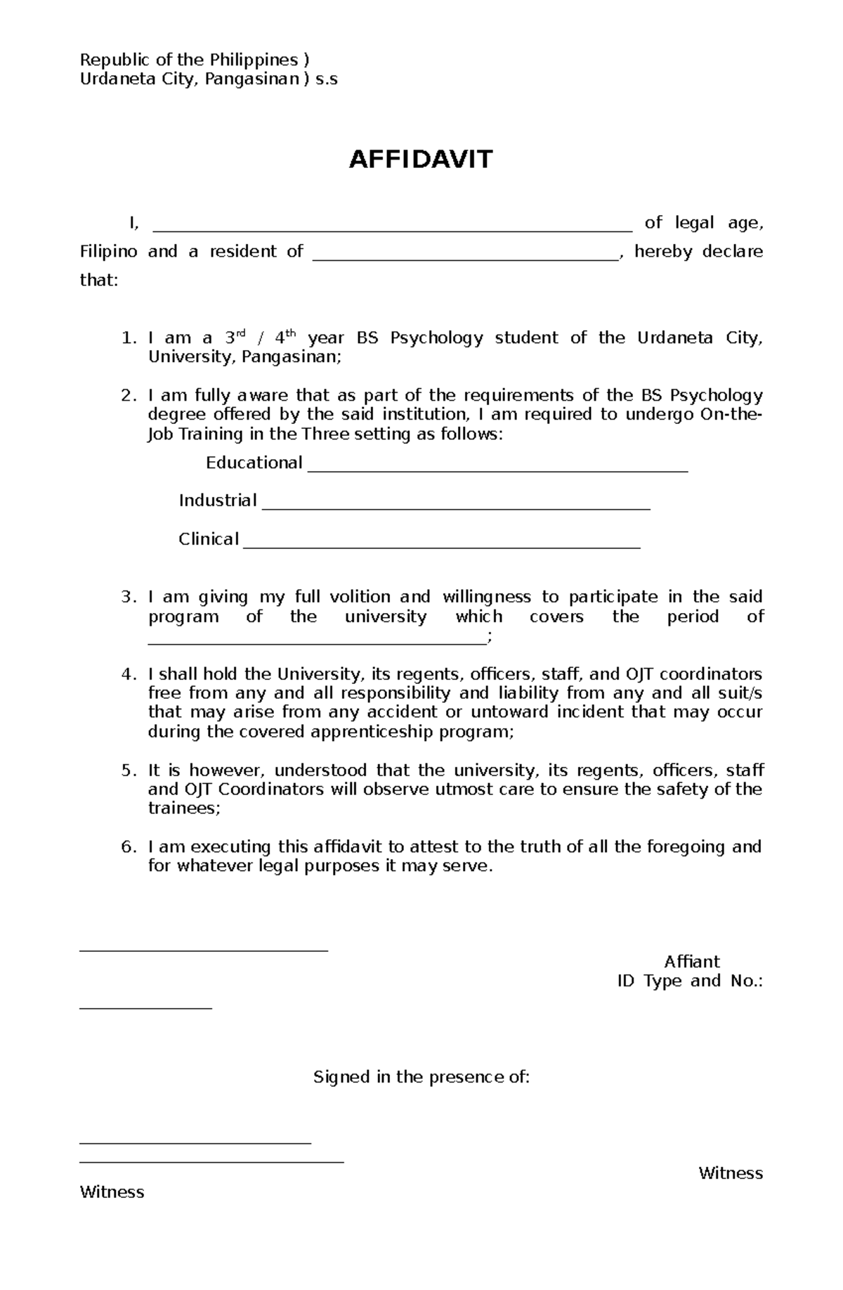 Affidavit - general education - Republic of the Philippines ) Urdaneta ...