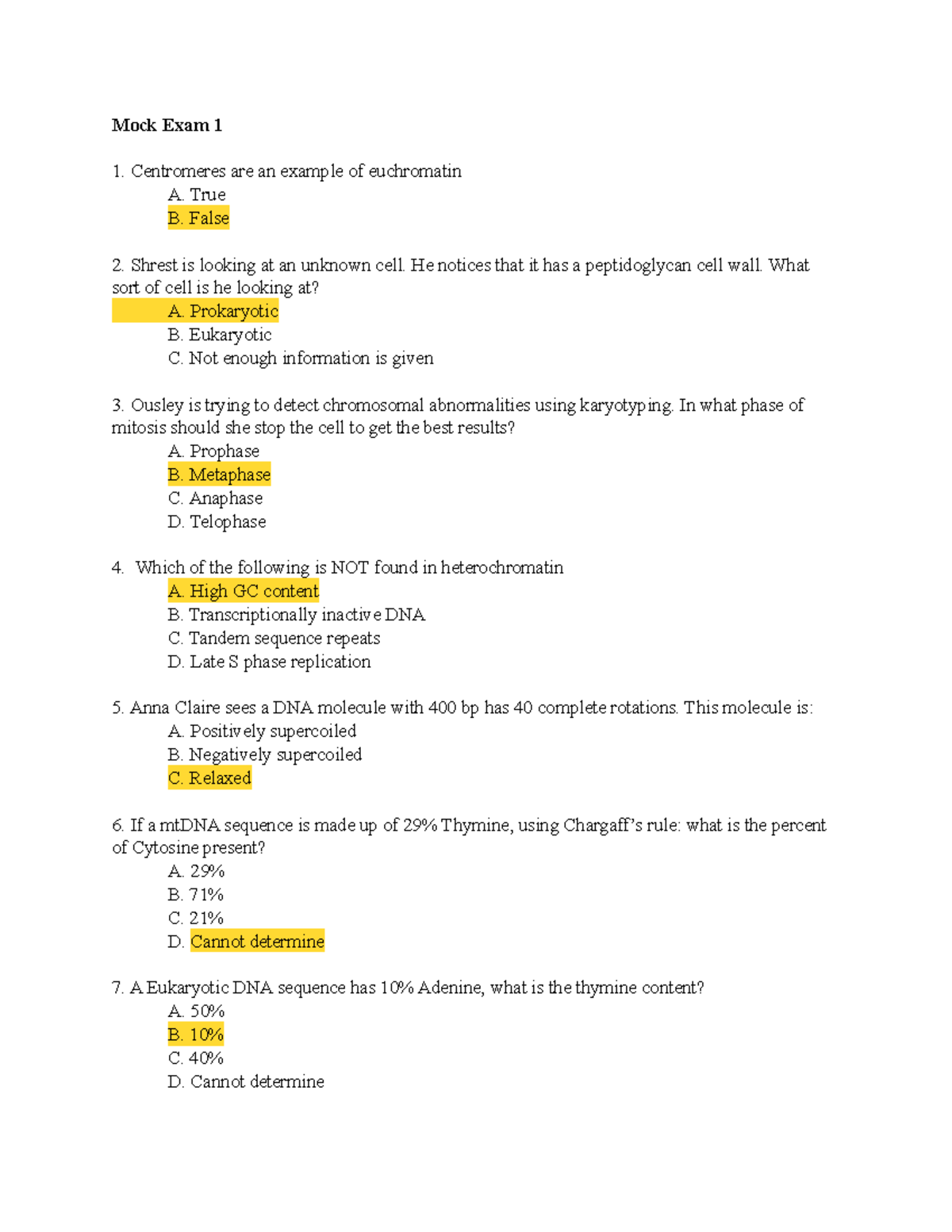 Mock Exam 1 Key Mock exam 1 Mock Exam 1 Centromeres are an example
