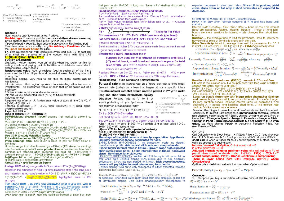 FFM Cheat sheet - Arbitrage cashflows at all times. Positive. No If ...