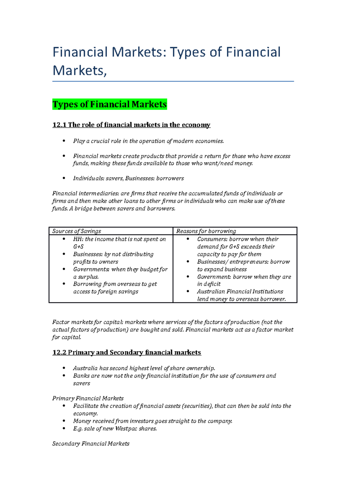 COMM1110 Lecture Notes Week 1 - Financial Markets: Types Of Financial ...