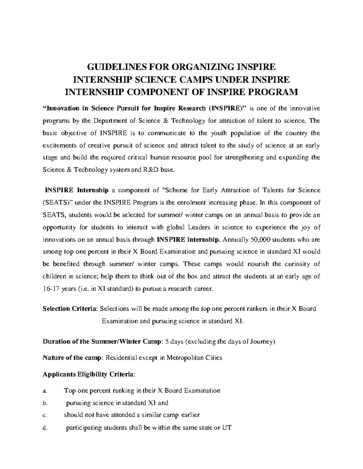 Guidelines Inspire Internship Science Camps GUIDELINES FOR ORGANIZING