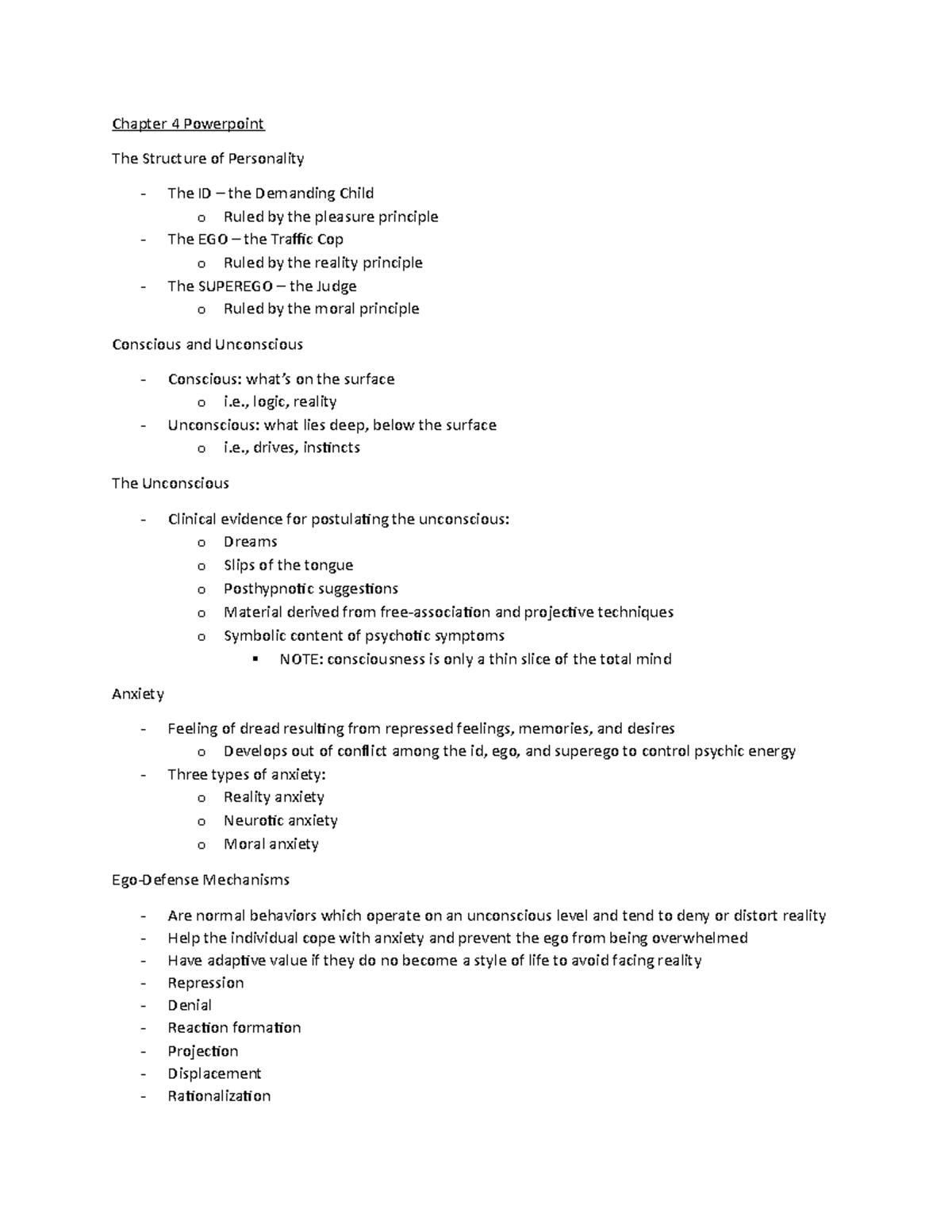 Chapter 4 Powerpoint Lecture Notes 4 Chapter 4 Powerpoint The Structure Of Personality The Id Studocu