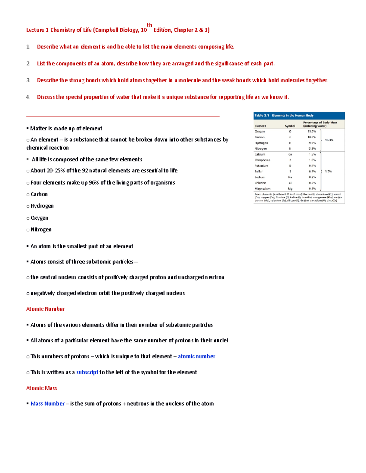 BIOL103 Lecture 1-5 notes - Lecture 1 Chemistry of Life (Campbell ...