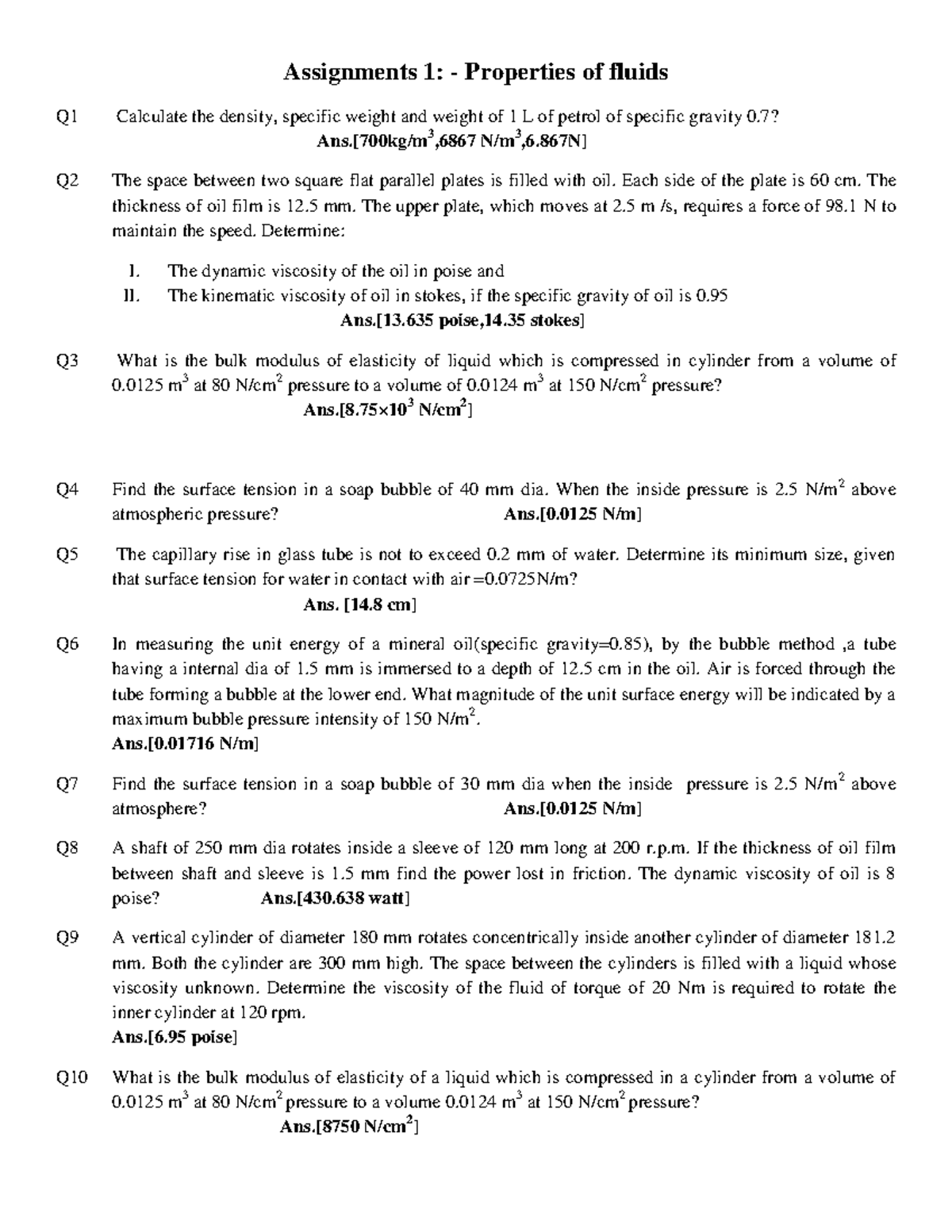 FM Assignment 1-6 - Good - Assignments 1: - Properties of fluids Q1 ...