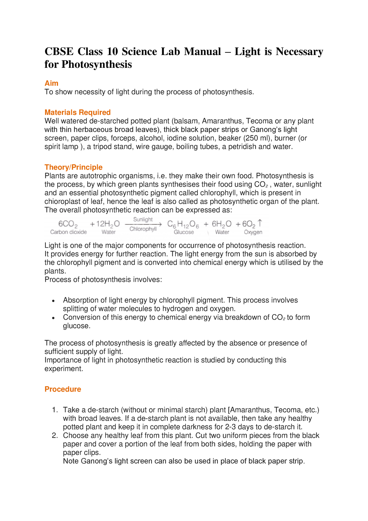 CBSE Class 10 Science Lab Manual – Light Is Necessary For ...