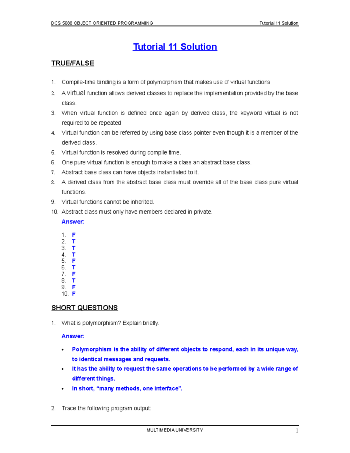TUTExe Virtual ans - solution - DCS 5088 OBJECT ORIENTED PROGRAMMING ...