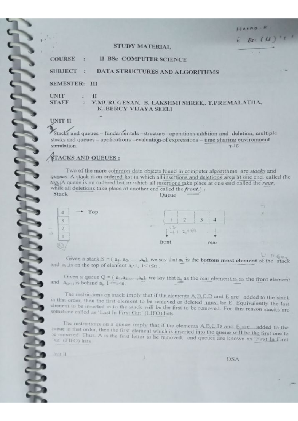 Data Structures Unit 2 - B.Sc. Computer Science - Studocu