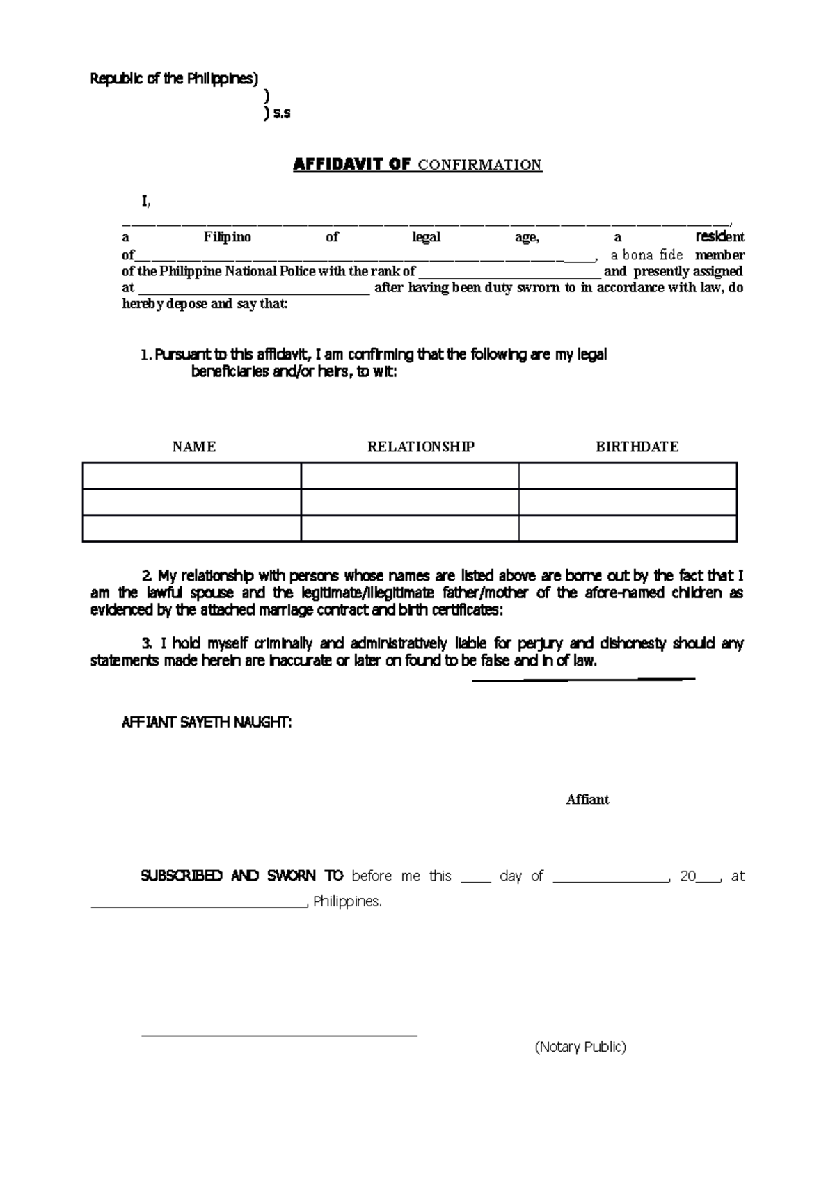 Affidavit-of-Confirmation Beneficiaries - Republic of the Philippines ...