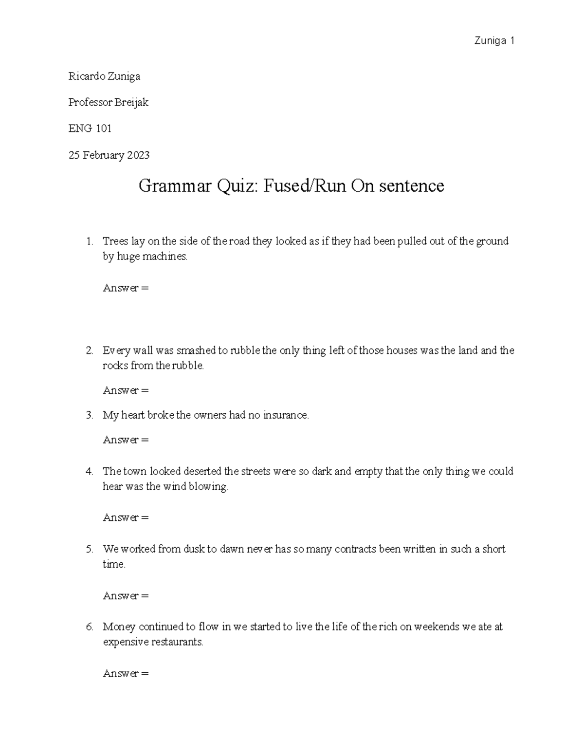 Quiz Run ON sentence - Zuniga 1 Ricardo Zuniga Professor Breijak ENG ...