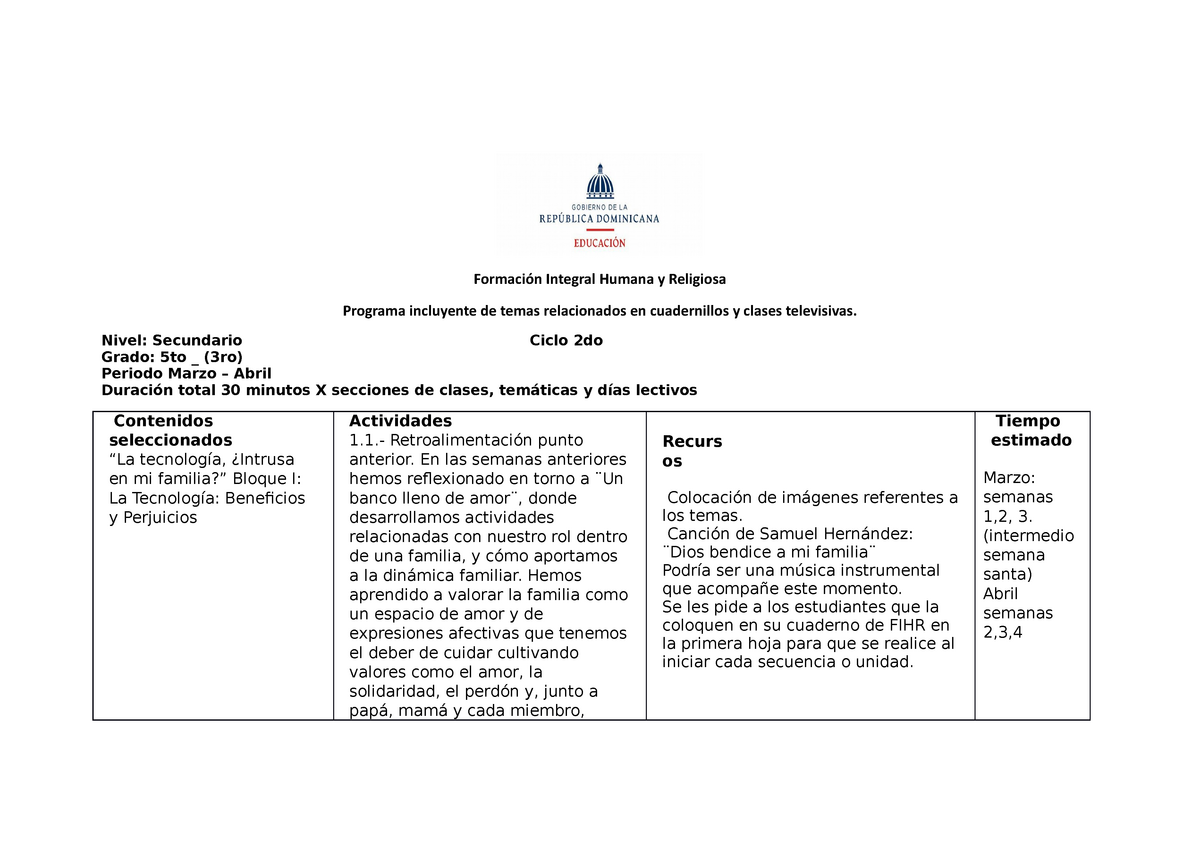 Planificacion Clases Virtulas Fihr 3ro Marzo Abril Formación Integral Humana Y Religiosa 5304