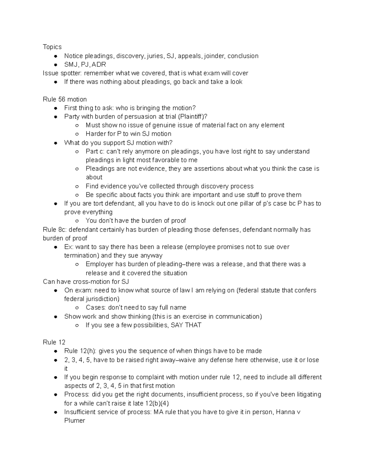 Civ pro review session - Topics Notice pleadings, discovery, juries, SJ ...