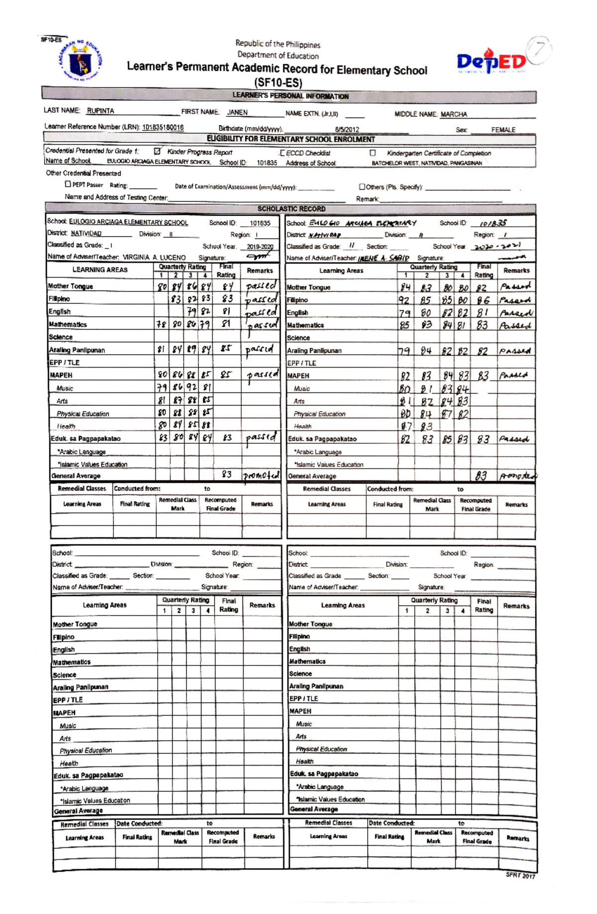 SF 10 Scanned - Elementary Eduction - CLSU - Studocu