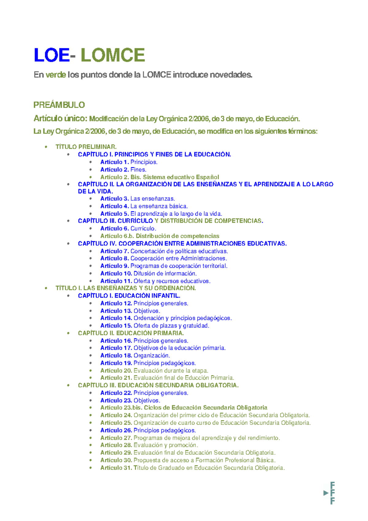 LOE- Lomce Esquema integrado - LOE- LOMCE En verde los puntos donde la ...