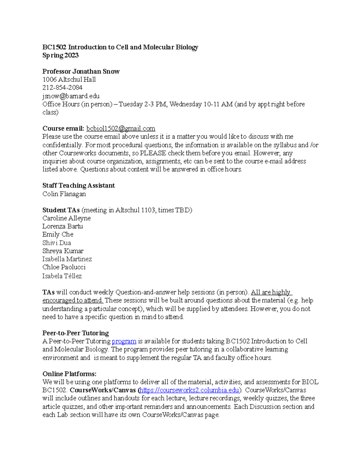 BC1502 Syllabus 2023 - n/a - BC1502 Introduction to Cell and Molecular ...