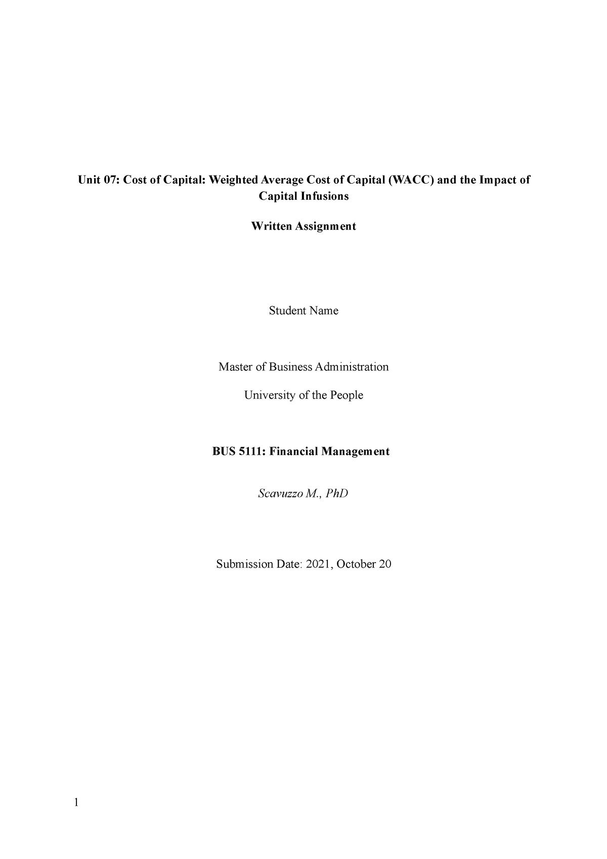 BUS 5111 - Written Assignment For Unit 07 - Unit 07: Cost Of Capital ...