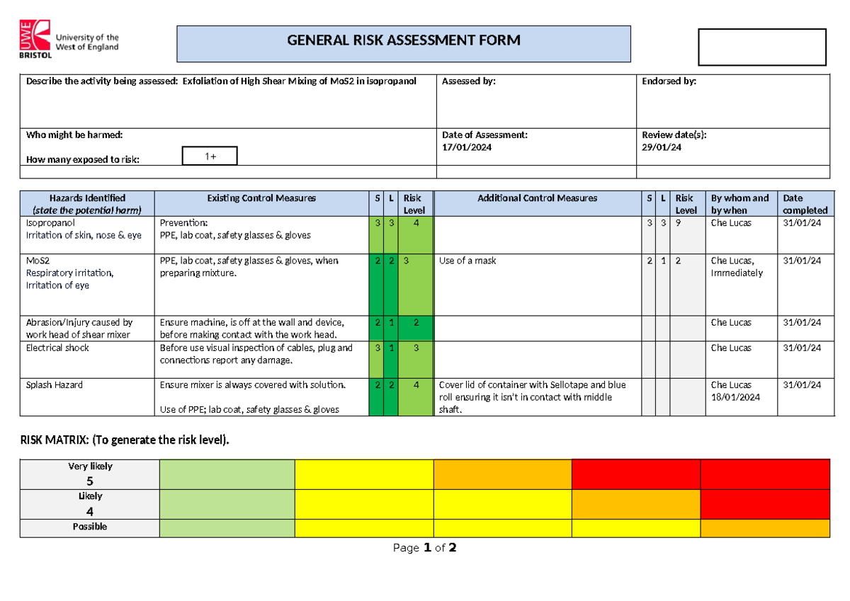 UWE Risk Assessment Form Example - Describe the activity being assessed ...