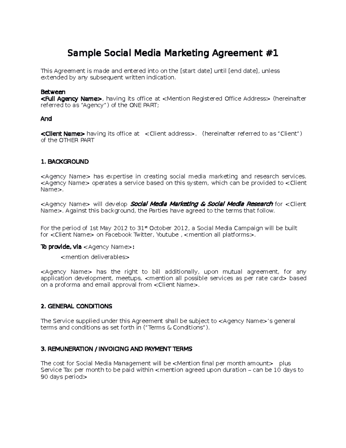 Social Media Contract Samples Sample Social Media Marketing Agreement