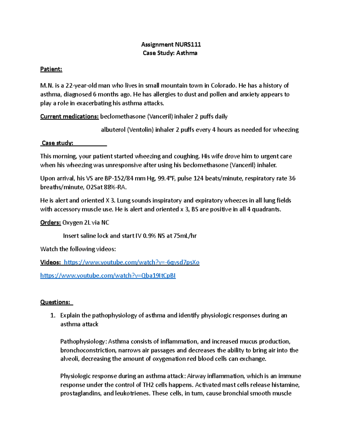 111 Asthma Case Study - Assignment NURS Case Study: Asthma Patient: M ...