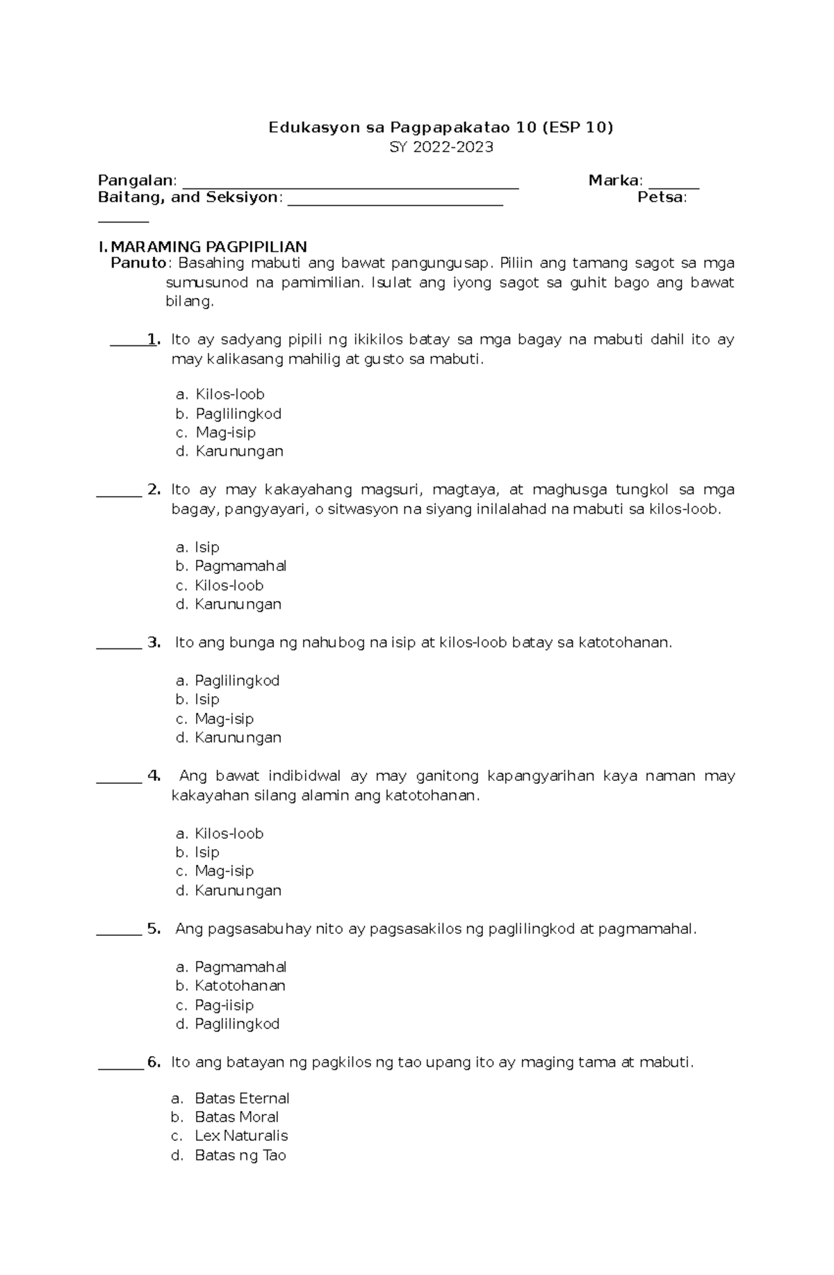 ESP10 Reviewers - Practice Materials - Edukasyon Sa Pagpapakatao 10 ...