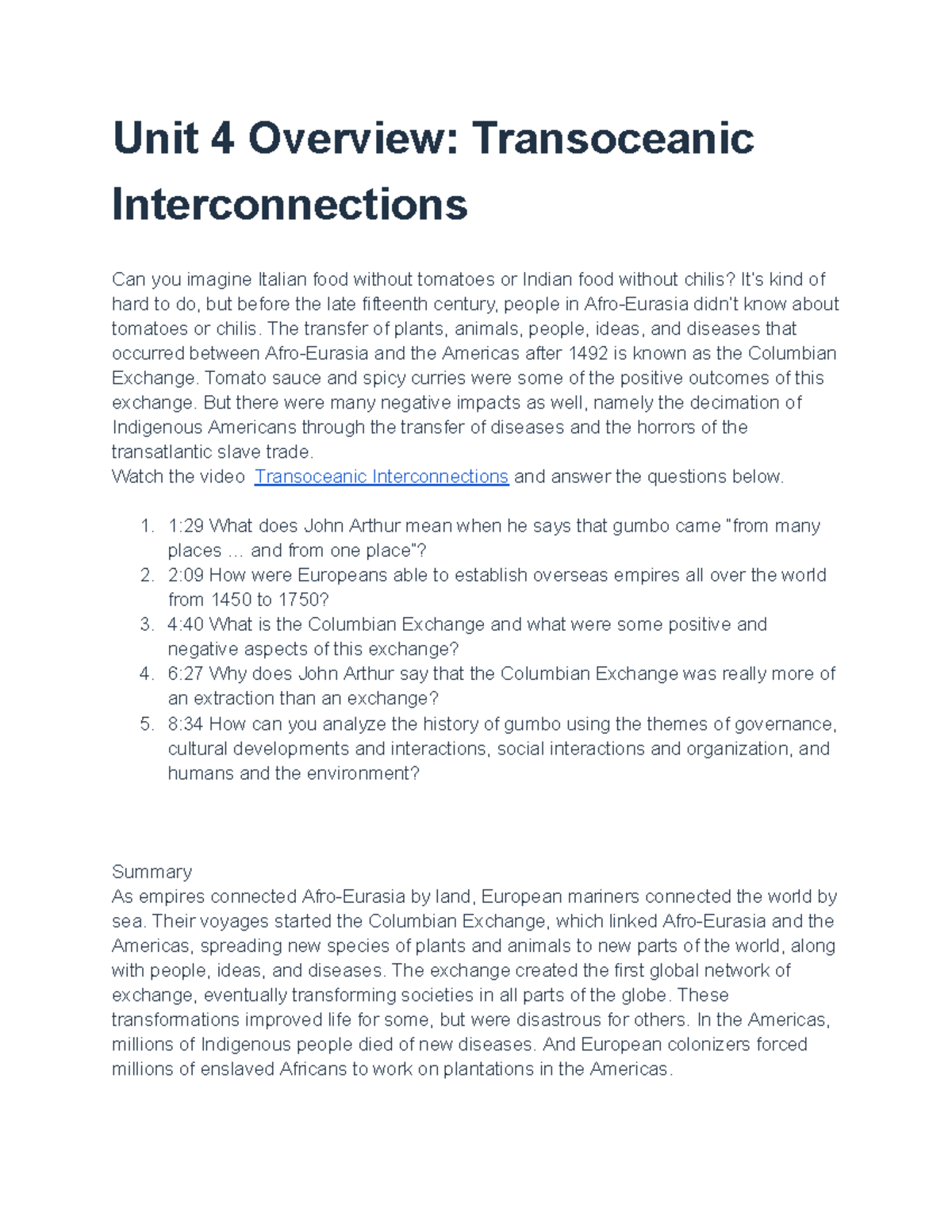 Trans Oceanic Interconnections Work Sheet - Unit 4 Overview ...