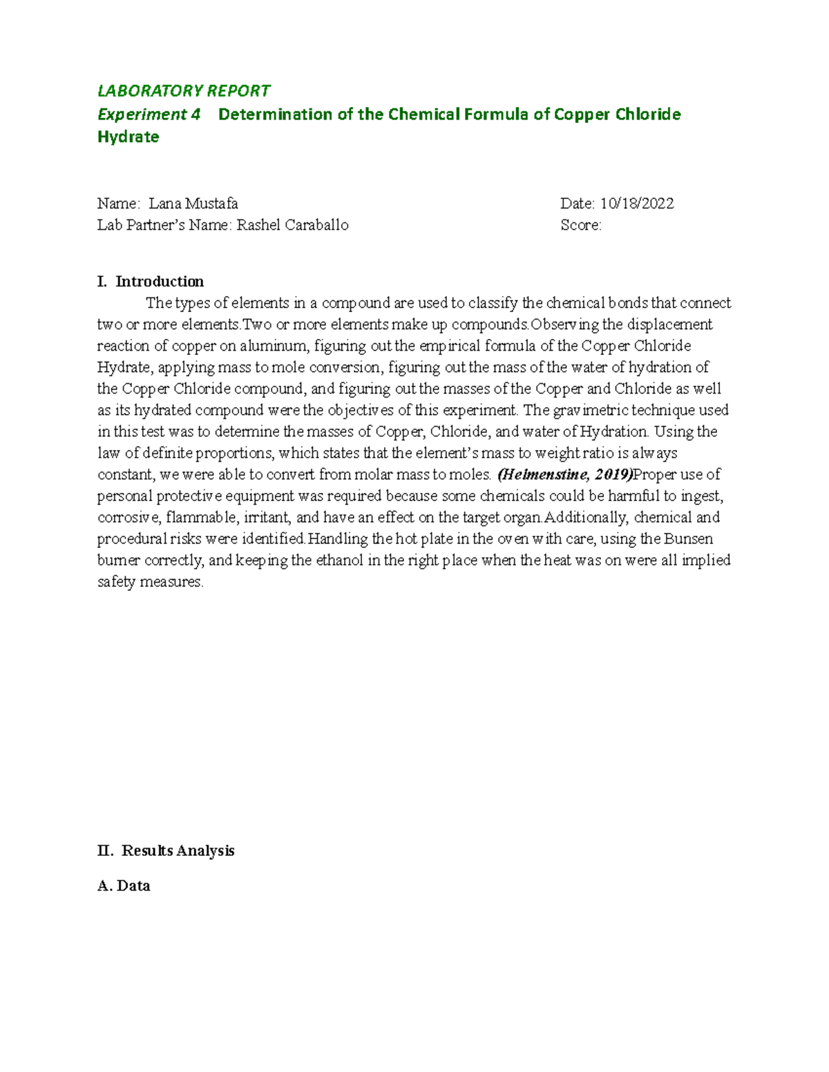 Exp 4 Determination of the Chemical Formula of Copper Chloride Hydrate