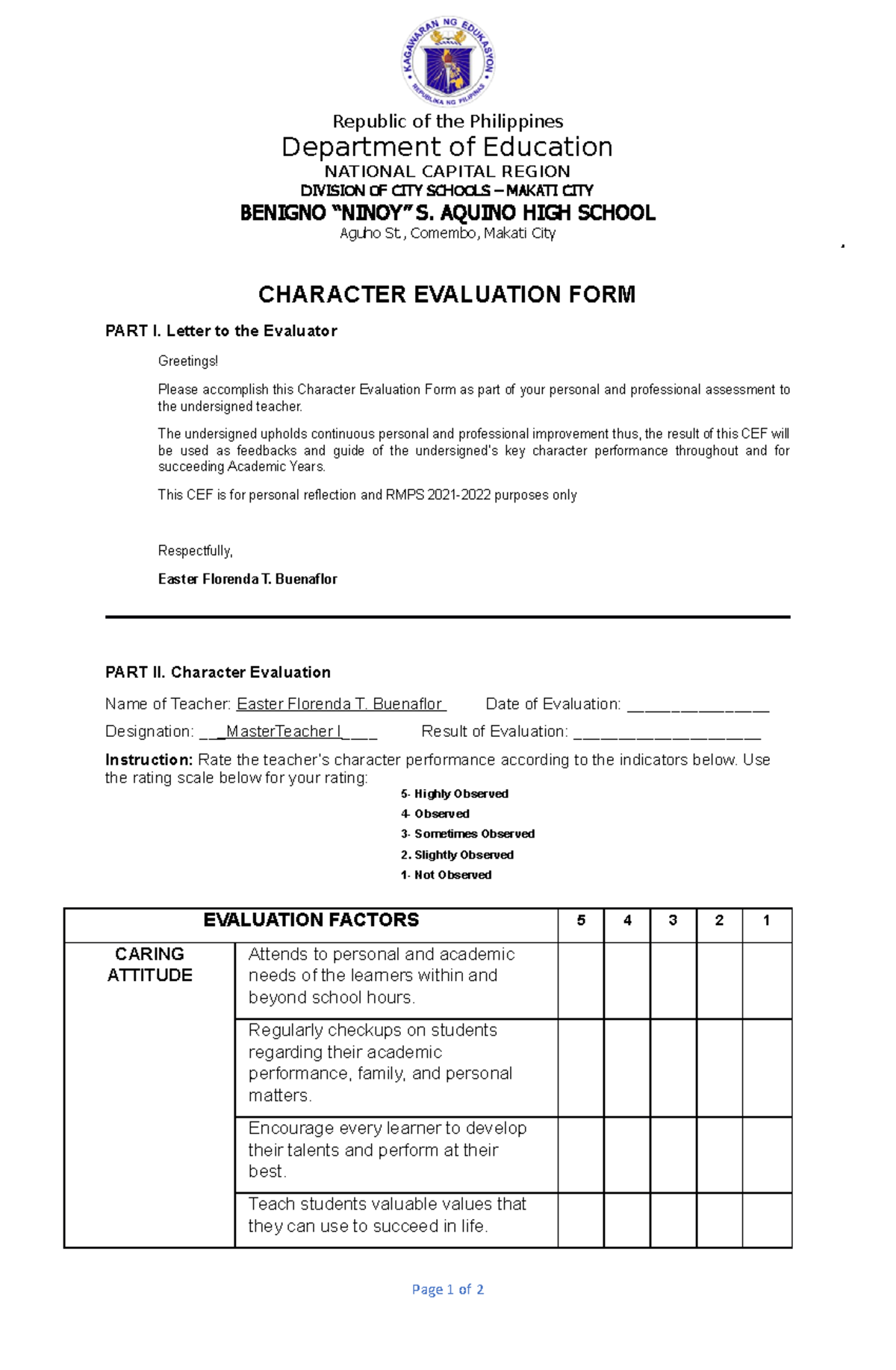 Buenaflor Character Evaluation FORM - Republic of the Philippines ...