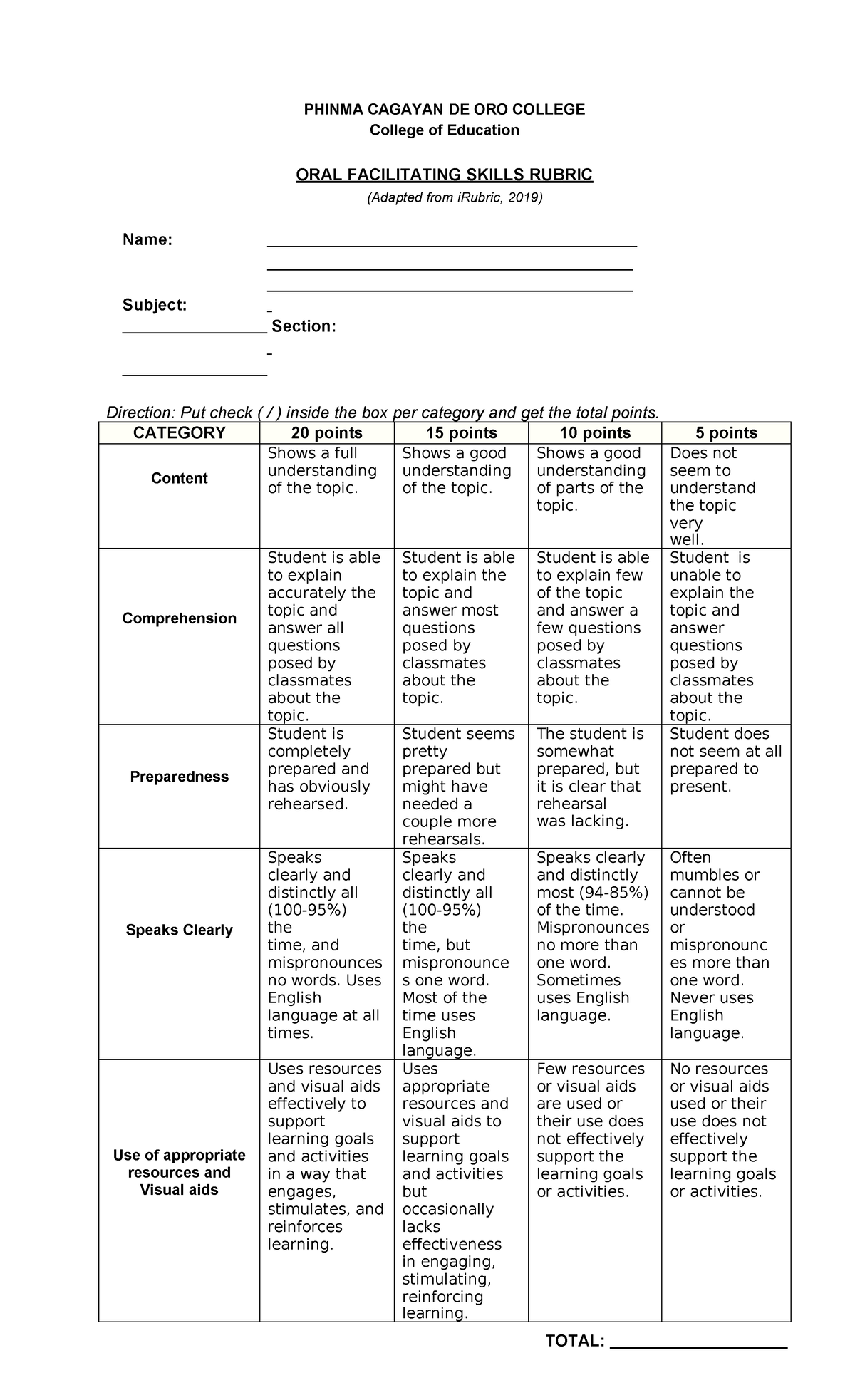 ORAL Facilitating Evaluation Rubric 1 - PHINMA CAGAYAN DE ORO COLLEGE ...