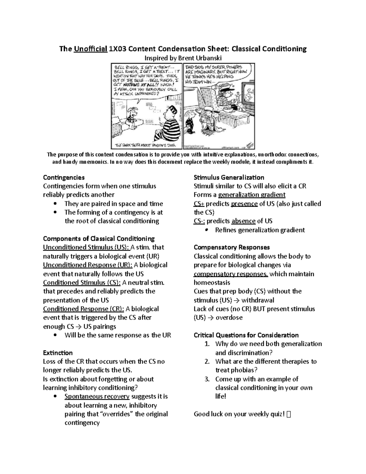 Classical Conditioning Phobias Worksheet Answer Key