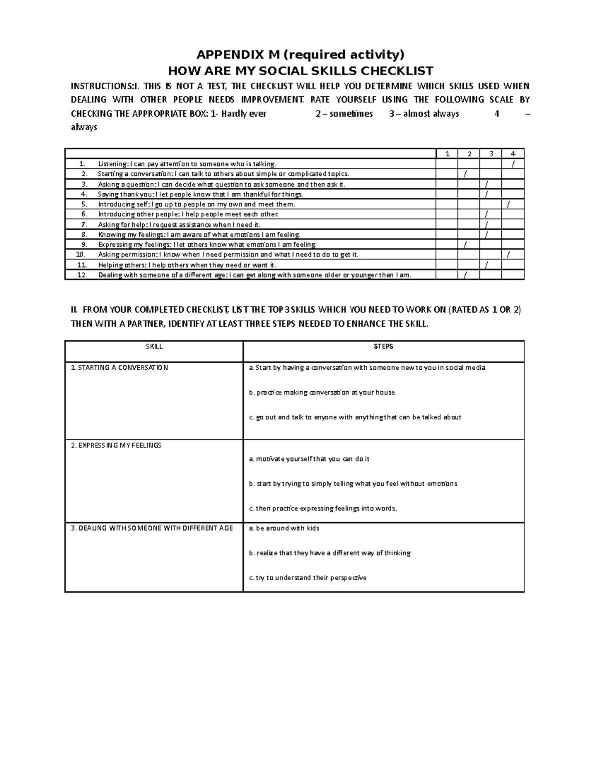 Social Skills Activity - APPENDIX M (required activity) HOW ARE MY ...